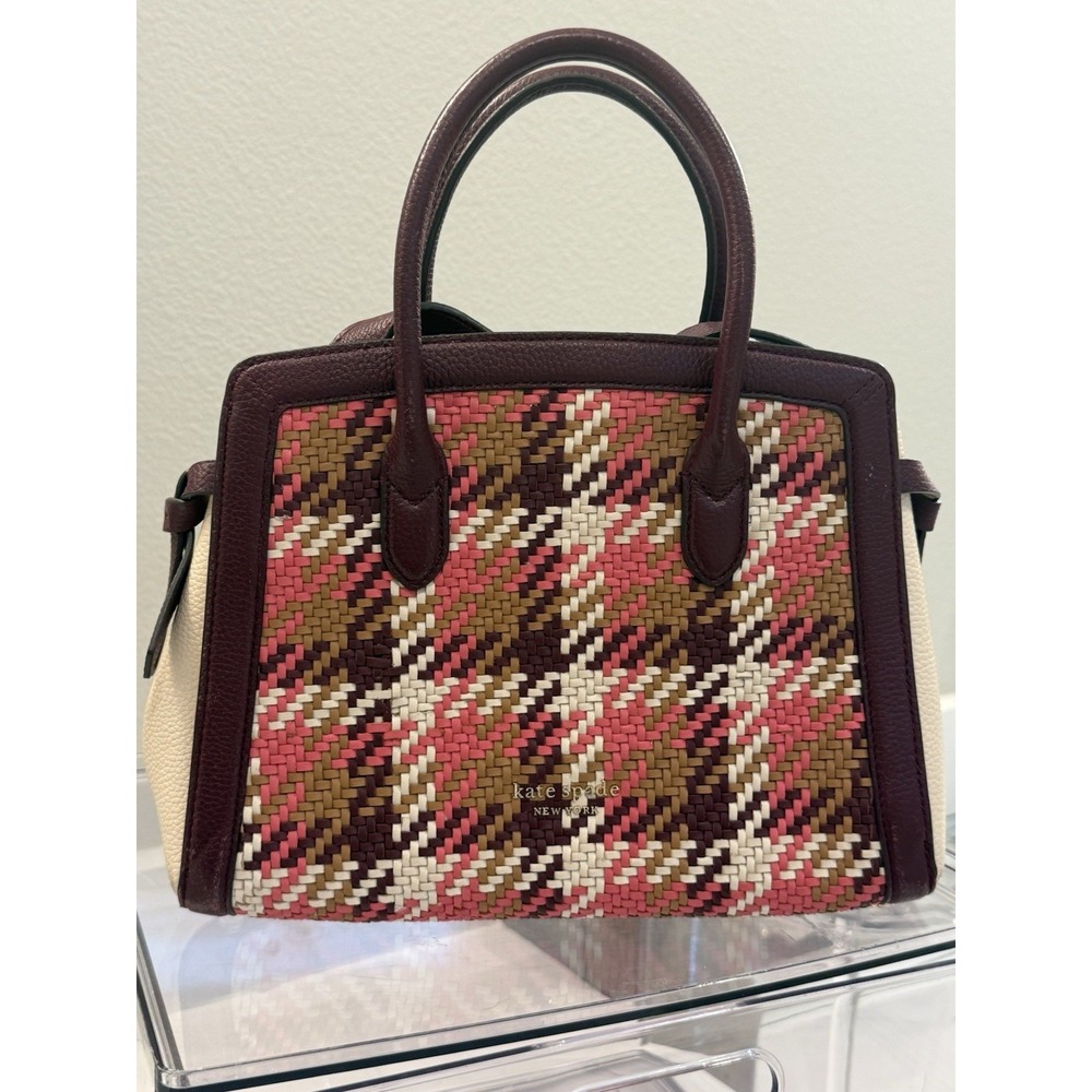Kate Spade New York Woven Satchel Top Handle Bag Burgundy Cream Gold Hardware